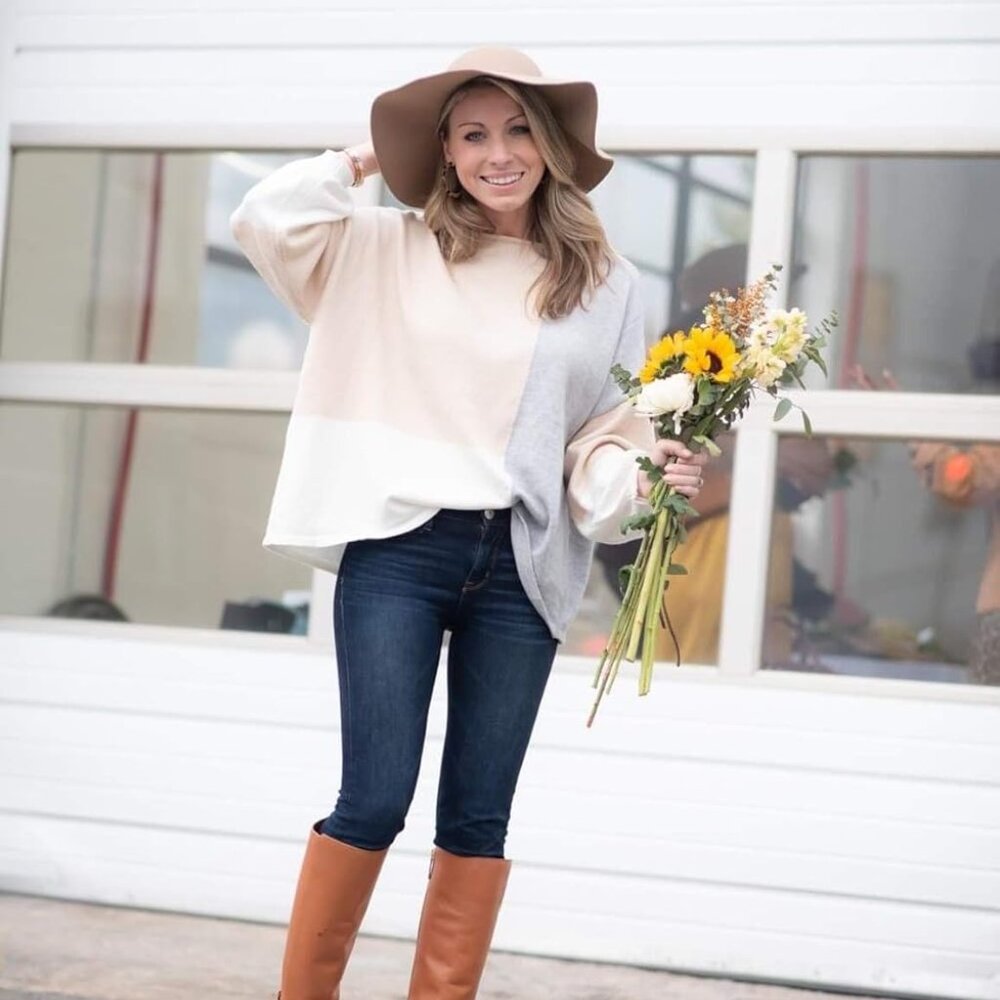 Women Sweater Long Sleeve Color Block Knit Pullover Sweaters Crew Neck Patchwork - Picture 9 of 9